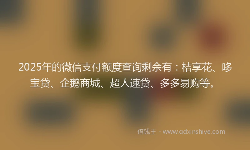 2025年的微信支付额度查询剩余有：桔享花、哆宝贷、企鹅商城、超人速贷、多多易购等。