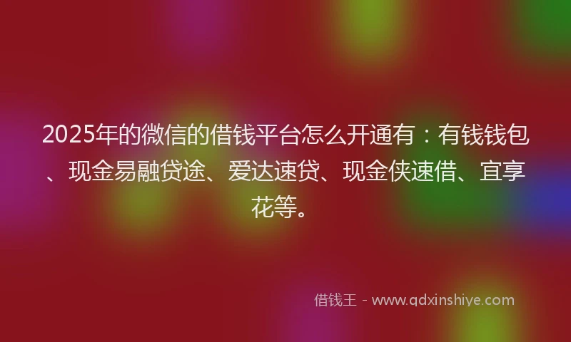 2025年的微信的借钱平台怎么开通有：有钱钱包、现金易融贷途、爱达速贷、现金侠速借、宜享花等。