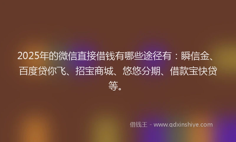 2025年的微信直接借钱有哪些途径有：瞬信金、百度贷你飞、招宝商城、悠悠分期、借款宝快贷等。