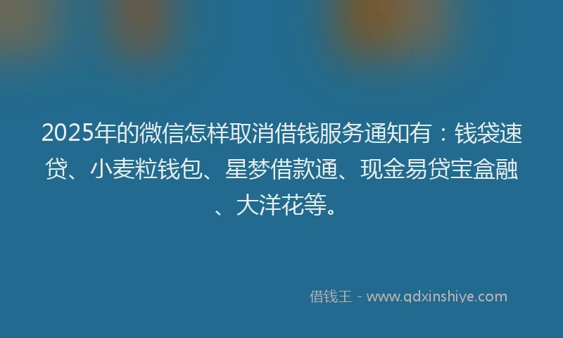 2025年的微信怎样取消借钱服务通知有：钱袋速贷、小麦粒钱包、星梦借款通、现金易贷宝盒融、大洋花等。