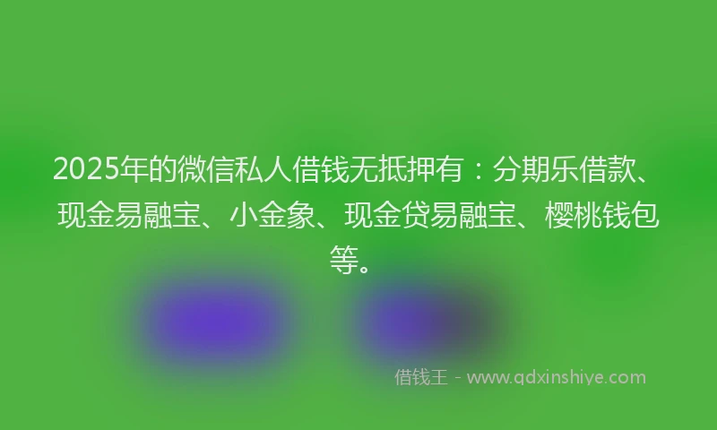 2025年的微信私人借钱无抵押有：分期乐借款、现金易融宝、小金象、现金贷易融宝、樱桃钱包等。