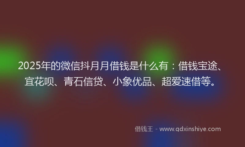 2025年的微信抖月月借钱是什么有：借钱宝途、宜花呗、青石信贷、小象优品、超爱速借等。