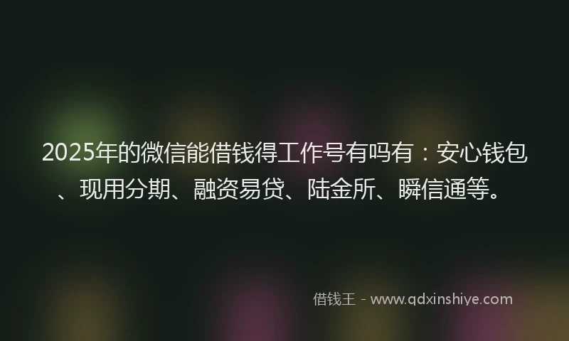 2025年的微信能借钱得工作号有吗有：安心钱包、现用分期、融资易贷、陆金所、瞬信通等。
