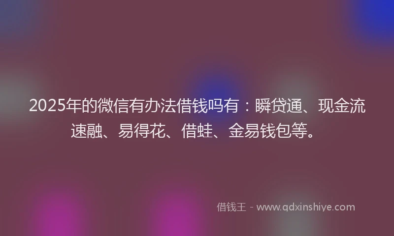 2025年的微信有办法借钱吗有：瞬贷通、现金流速融、易得花、借蛙、金易钱包等。