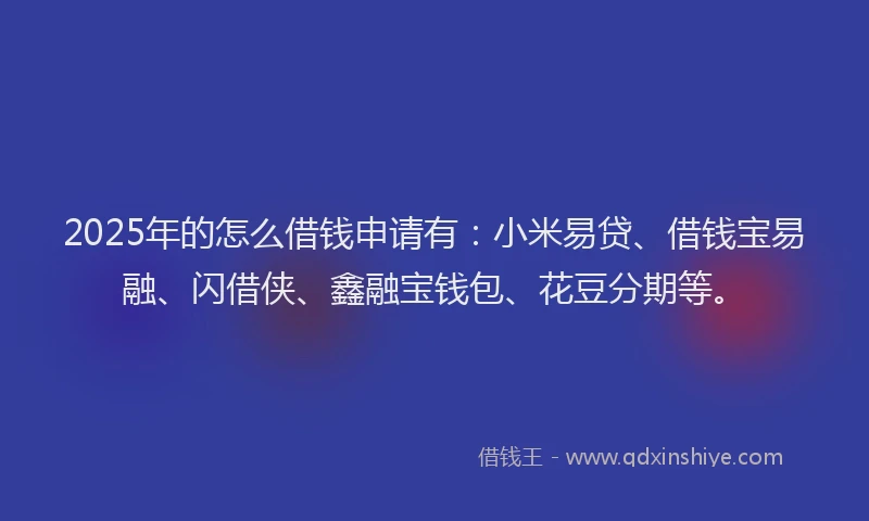 2025年的怎么借钱申请有:小米易贷、借钱宝易融、闪借侠、鑫融宝钱包、花豆分期等。
