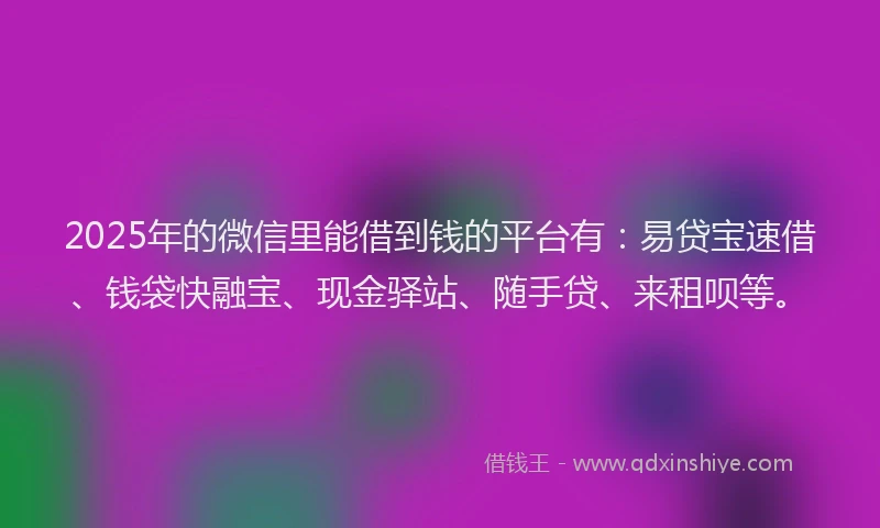 2025年的微信里能借到钱的平台有：易贷宝速借、钱袋快融宝、现金驿站、随手贷、来租呗等。