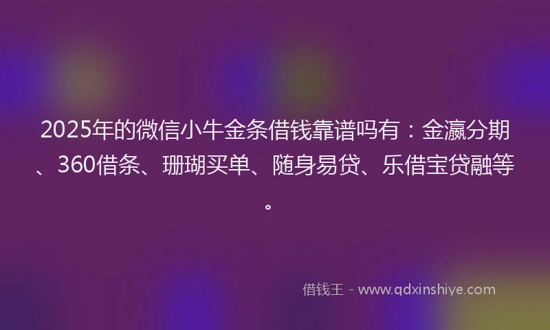 2025年的微信小牛金条借钱靠谱吗有：金瀛分期、360借条、珊瑚买单、随身易贷、乐借宝贷融等。