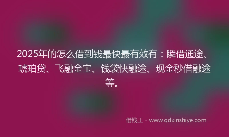 2025年的怎么借到钱最快最有效有：瞬借通途、琥珀贷、飞融金宝、钱袋快融途、现金秒借融途等。
