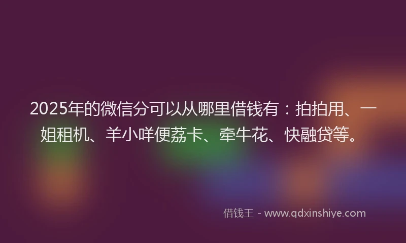 2025年的微信分可以从哪里借钱有：拍拍用、一姐租机、羊小咩便荔卡、牵牛花、快融贷等。