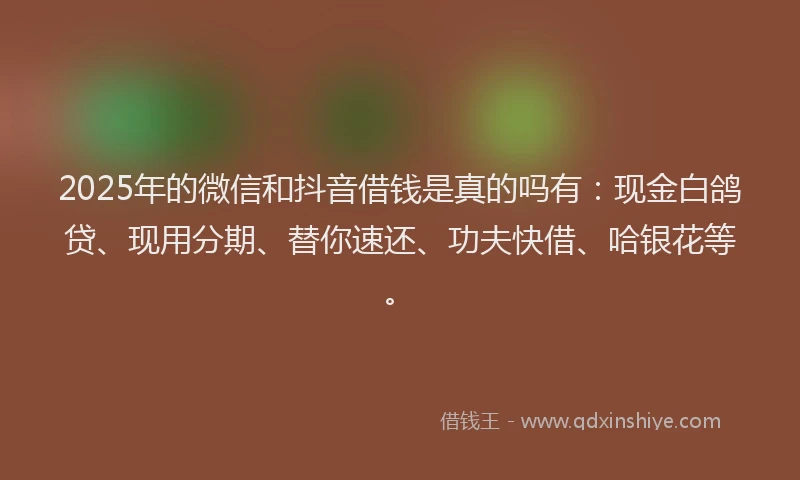 2025年的微信和抖音借钱是真的吗有：现金白鸽贷、现用分期、替你速还、功夫快借、哈银花等。