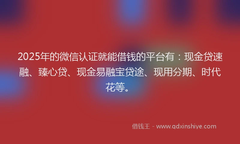 2025年的微信认证就能借钱的平台有:现金贷速融、臻心贷、现金易融宝贷途、现用分期、时代花等。