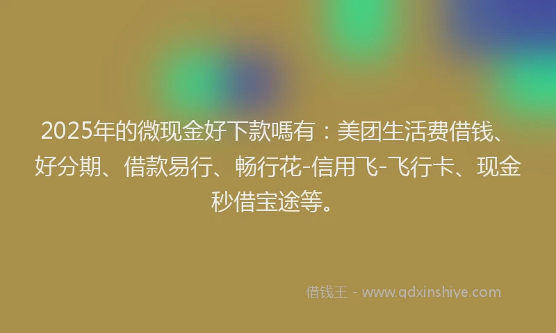 2025年的微现金好下款嗎有：美团生活费借钱、好分期、借款易行、畅行花-信用飞-飞行卡、现金秒借宝途等。