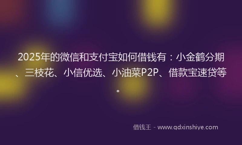 2025年的微信和支付宝如何借钱有：小金鹤分期、三枝花、小信优选、小油菜P2P、借款宝速贷等。