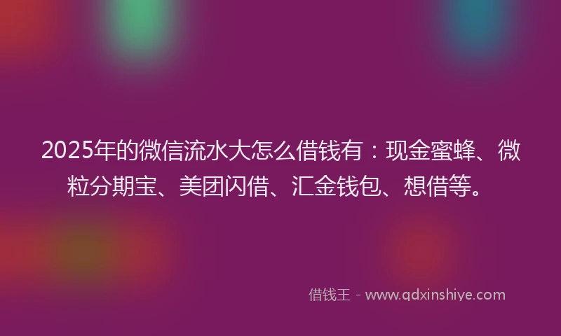 2025年的微信流水大怎么借钱有：现金蜜蜂、微粒分期宝、美团闪借、汇金钱包、想借等。