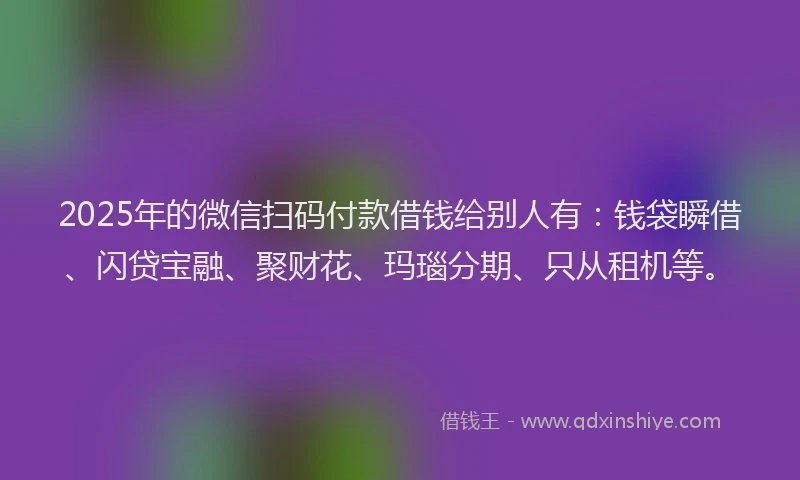 2025年的微信扫码付款借钱给别人有：钱袋瞬借、闪贷宝融、聚财花、玛瑙分期、只从租机等。