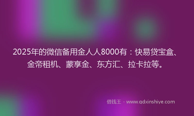 2025年的微信备用金人人8000有：快易贷宝盒、金帝租机、蒙享金、东方汇、拉卡拉等。