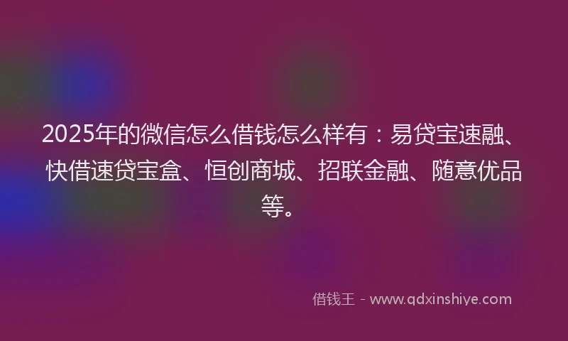 2025年的微信怎么借钱怎么样有：易贷宝速融、快借速贷宝盒、恒创商城、招联金融、随意优品等。