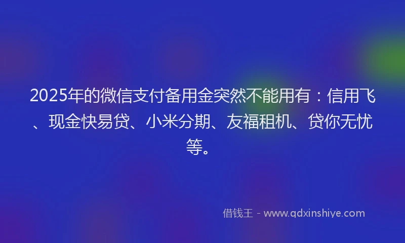 2025年的微信支付备用金突然不能用有：信用飞、现金快易贷、小米分期、友福租机、贷你无忧等。