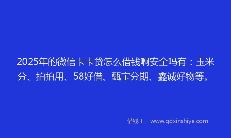 2025年的微信卡卡贷怎么借钱啊安全吗有：玉米分、拍拍用、58好借、甄宝分期、鑫诚好物等。