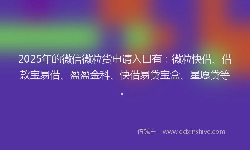 2025年的微信微粒货申请入口有：微粒快借、借款宝易借、盈盈金科、快借易贷宝盒、星愿贷等。