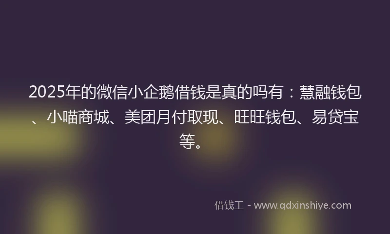 2025年的微信小企鹅借钱是真的吗有：慧融钱包、小喵商城、美团月付取现、旺旺钱包、易贷宝等。