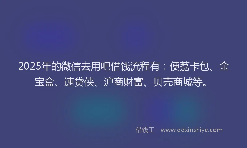 2025年的微信去用吧借钱流程有：便荔卡包、金宝盒、速贷侠、沪商财富、贝壳商城等。