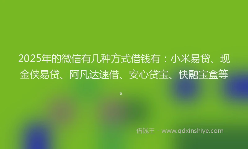 2025年的微信有几种方式借钱有：小米易贷、现金侠易贷、阿凡达速借、安心贷宝、快融宝盒等。