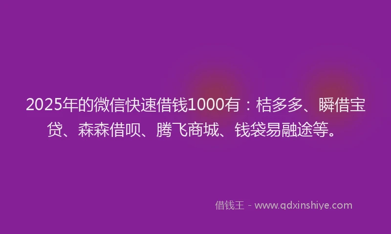 2025年的微信快速借钱1000有：桔多多、瞬借宝贷、森森借呗、腾飞商城、钱袋易融途等。