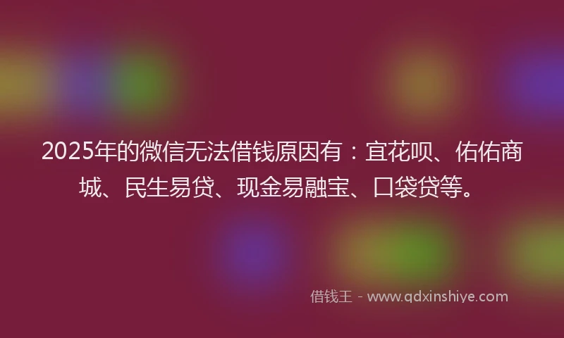 2025年的微信无法借钱原因有：宜花呗、佑佑商城、民生易贷、现金易融宝、口袋贷等。