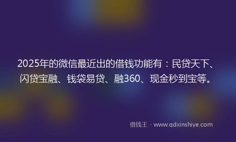 2025年的微信最近出的借钱功能有：民贷天下、闪贷宝融、钱袋易贷、融360、现金秒到宝等。