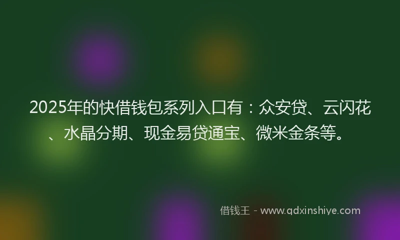 2025年的快借钱包系列入口有：众安贷、云闪花、水晶分期、现金易贷通宝、微米金条等。