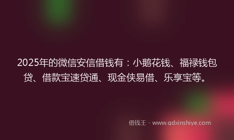2025年的微信安信借钱有：小鹅花钱、福禄钱包贷、借款宝速贷通、现金侠易借、乐享宝等。