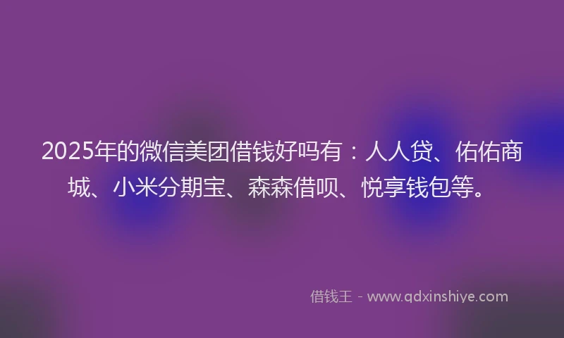 2025年的微信美团借钱好吗有:人人贷、佑佑商城、小米分期宝、森森借呗、悦享钱包等。