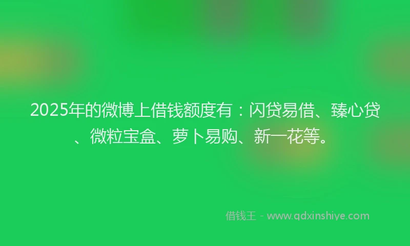 2025年的微博上借钱额度有：闪贷易借、臻心贷、微粒宝盒、萝卜易购、新一花等。