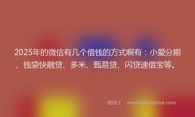 2025年的微信有几个借钱的方式啊有：小爱分期、钱袋快融贷、多米、甄易贷、闪贷速借宝等。