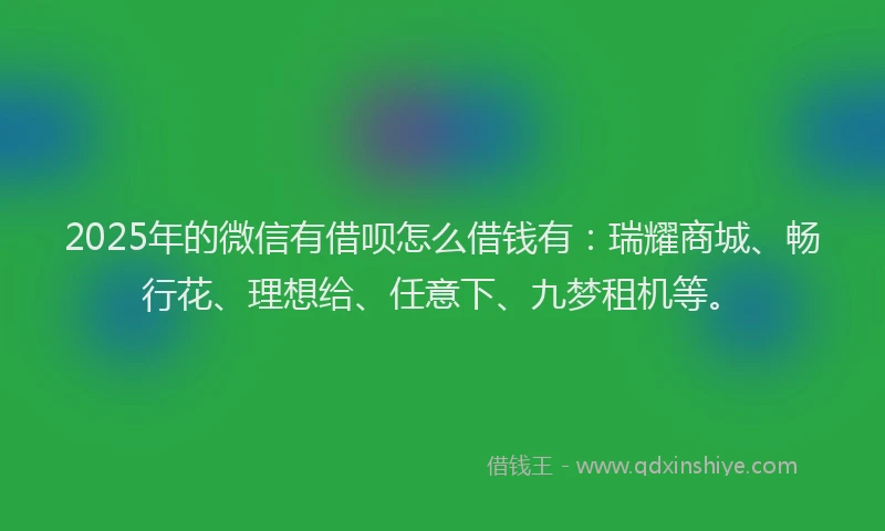 2025年的微信有借呗怎么借钱有：瑞耀商城、畅行花、理想给、任意下、九梦租机等。