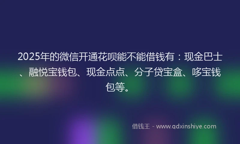 2025年的微信开通花呗能不能借钱有：现金巴士、融悦宝钱包、现金点点、分子贷宝盒、哆宝钱包等。