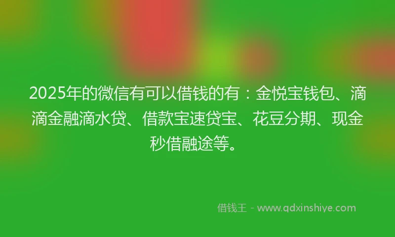 2025年的微信有可以借钱的有:金悦宝钱包、滴滴金融滴水贷、借款宝速贷宝、花豆分期、现金秒借融途等。