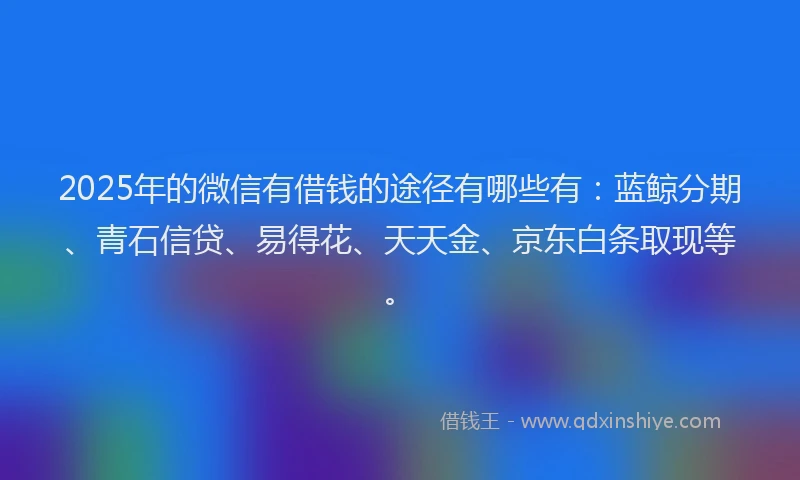 2025年的微信有借钱的途径有哪些有：蓝鲸分期、青石信贷、易得花、天天金、京东白条取现等。