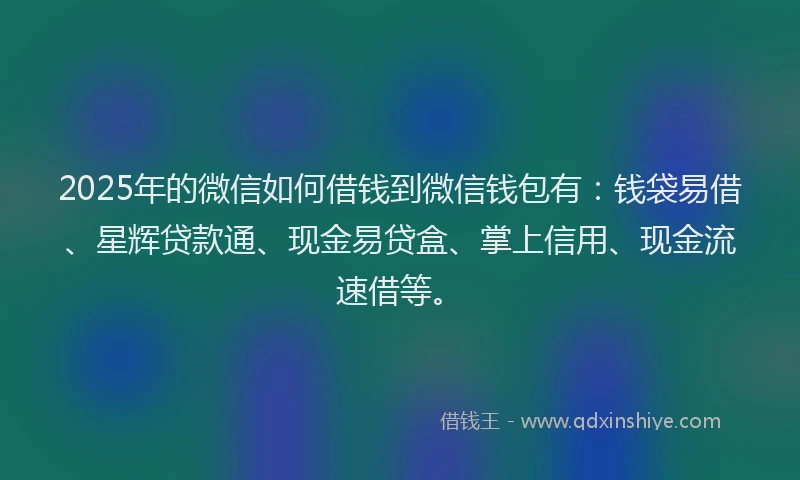 2025年的微信如何借钱到微信钱包有：钱袋易借、星辉贷款通、现金易贷盒、掌上信用、现金流速借等。