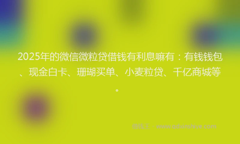 2025年的微信微粒贷借钱有利息嘛有：有钱钱包、现金白卡、珊瑚买单、小麦粒贷、千亿商城等。