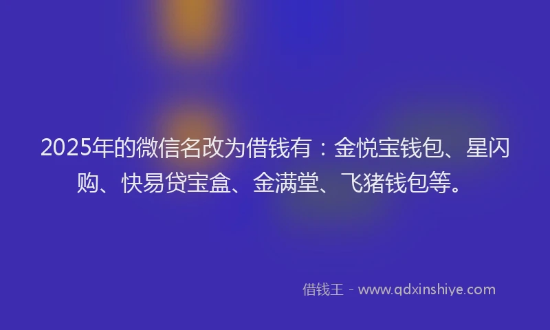 2025年的微信名改为借钱有：金悦宝钱包、星闪购、快易贷宝盒、金满堂、飞猪钱包等。