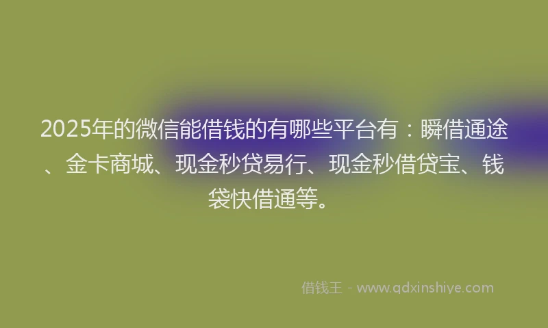 2025年的微信能借钱的有哪些平台有：瞬借通途、金卡商城、现金秒贷易行、现金秒借贷宝、钱袋快借通等。
