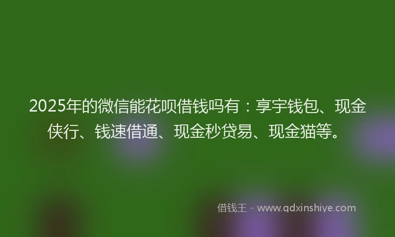 2025年的微信能花呗借钱吗有：享宇钱包、现金侠行、钱速借通、现金秒贷易、现金猫等。