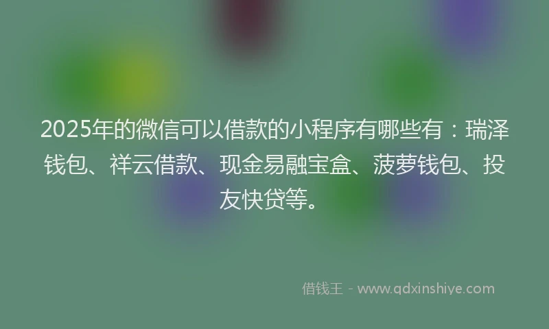 2025年的微信可以借款的小程序有哪些有：瑞泽钱包、祥云借款、现金易融宝盒、菠萝钱包、投友快贷等。