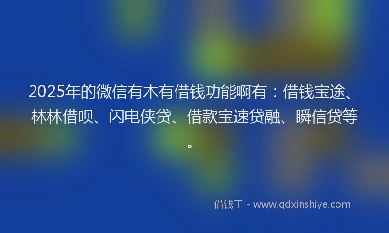 2025年的微信有木有借钱功能啊有：借钱宝途、林林借呗、闪电侠贷、借款宝速贷融、瞬信贷等。