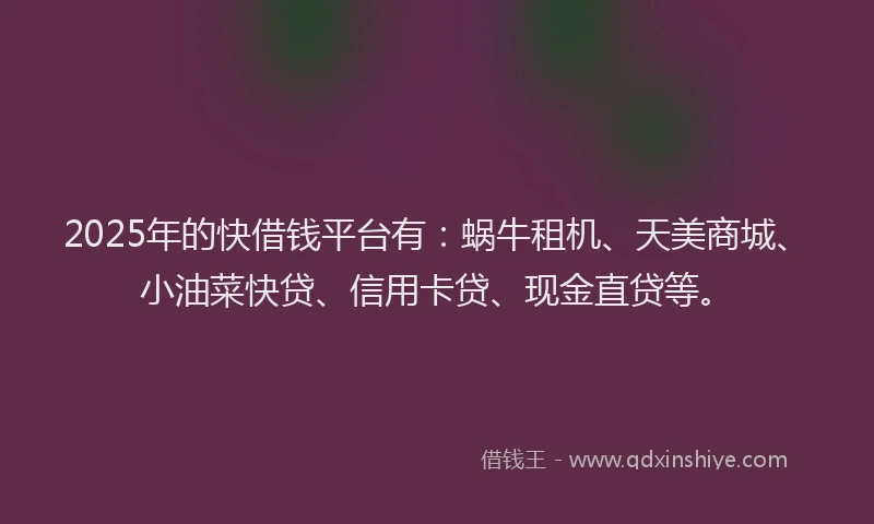 2025年的快借钱平台有：蜗牛租机、天美商城、小油菜快贷、信用卡贷、现金直贷等。
