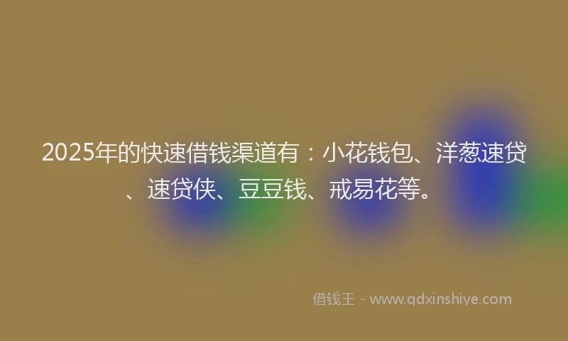 2025年的快速借钱渠道有:小花钱包、洋葱速贷、速贷侠、豆豆钱、戒易花等。