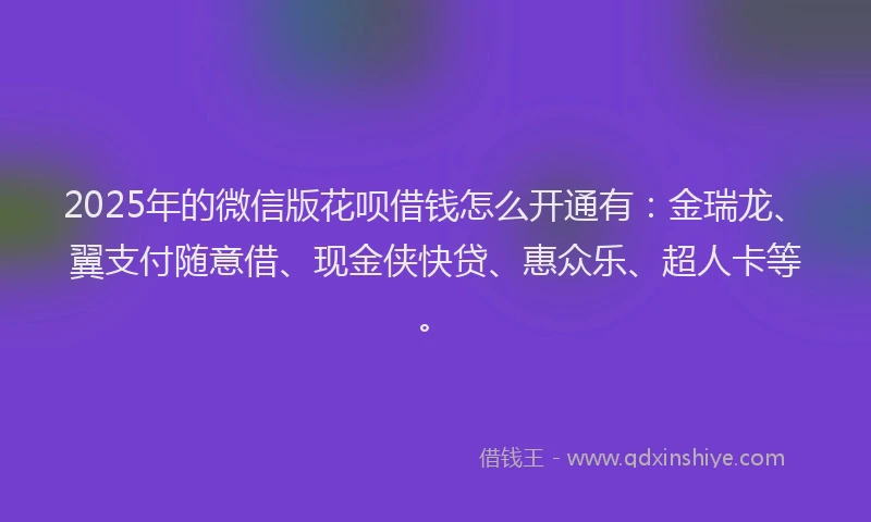 2025年的微信版花呗借钱怎么开通有：金瑞龙、翼支付随意借、现金侠快贷、惠众乐、超人卡等。