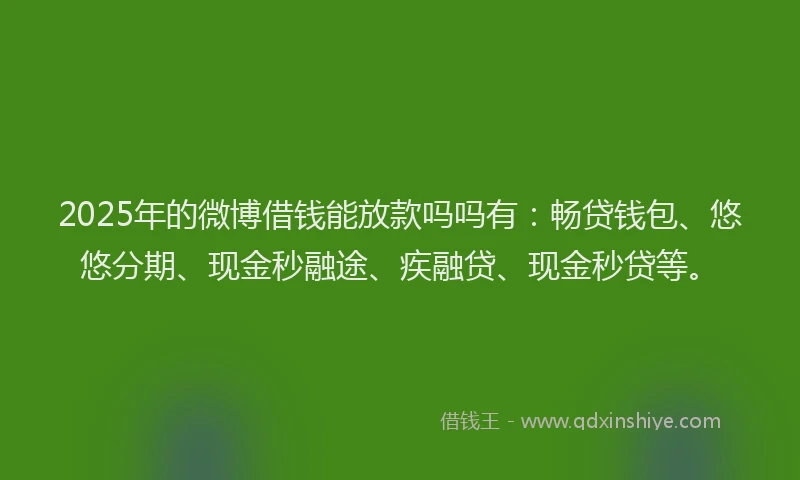 2025年的微博借钱能放款吗吗有：畅贷钱包、悠悠分期、现金秒融途、疾融贷、现金秒贷等。
